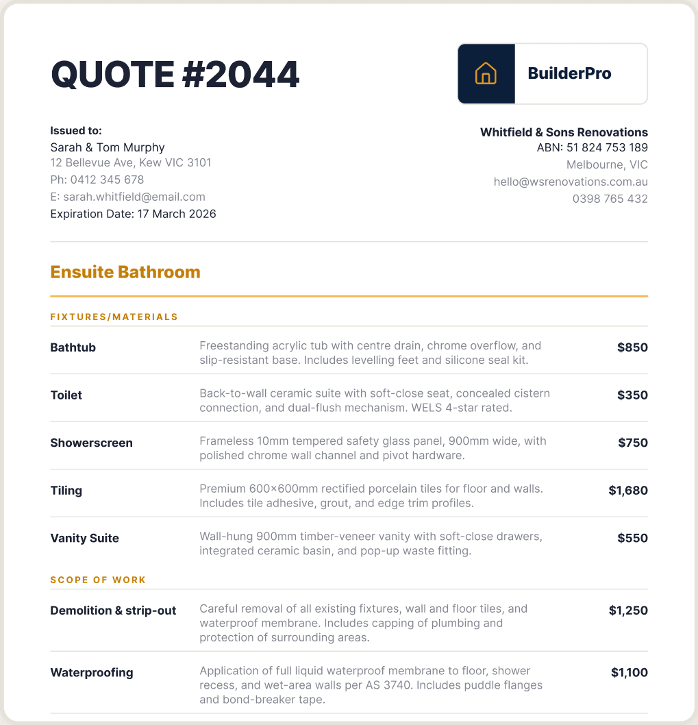 Example client quote page: an itemised bathroom renovation quote for an ensuite bathroom, totalling $21,340.