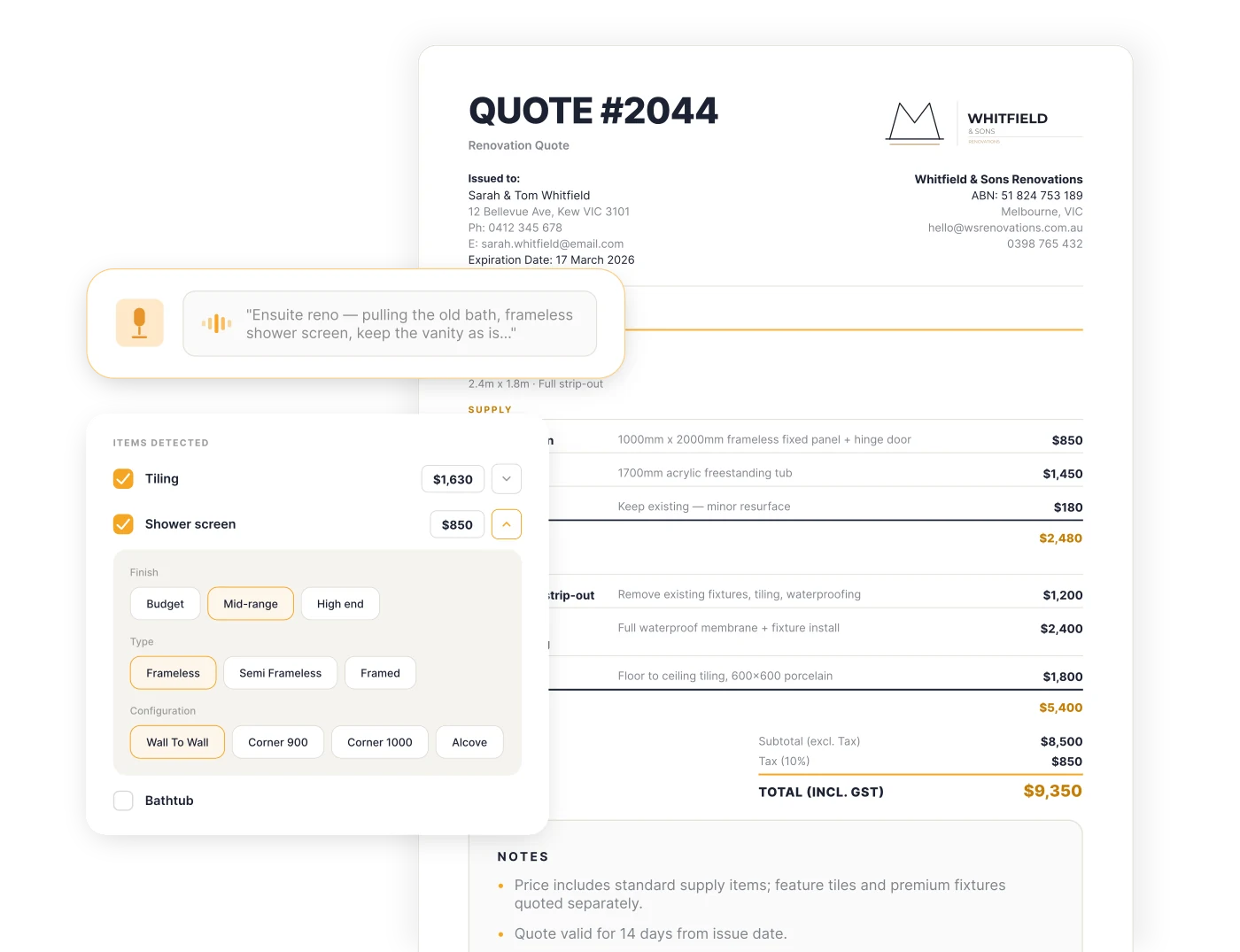 AI quoting agent turning a voice note into a scoped, costed quote